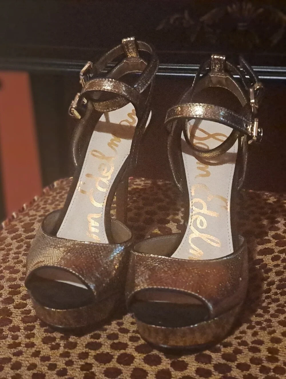 Sam Edelman Bronze Metallic Platform Ankle-Strap Sandals